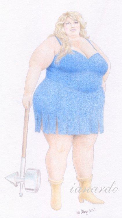 dessin de ianardo d'une femme ronde en bleu appelée angela