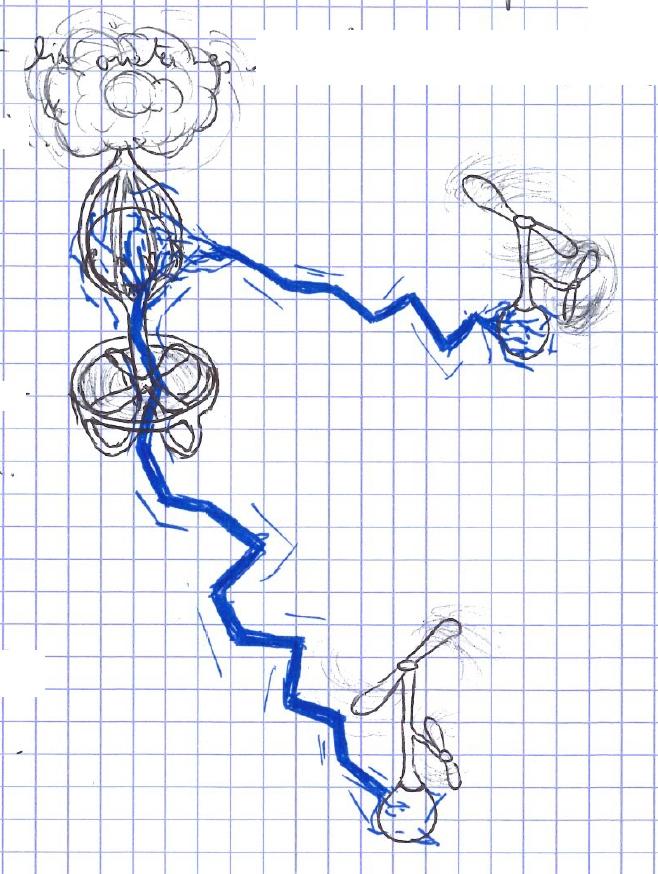 dessin au crayon et feutre bleu de drone avec des arcs électriques.