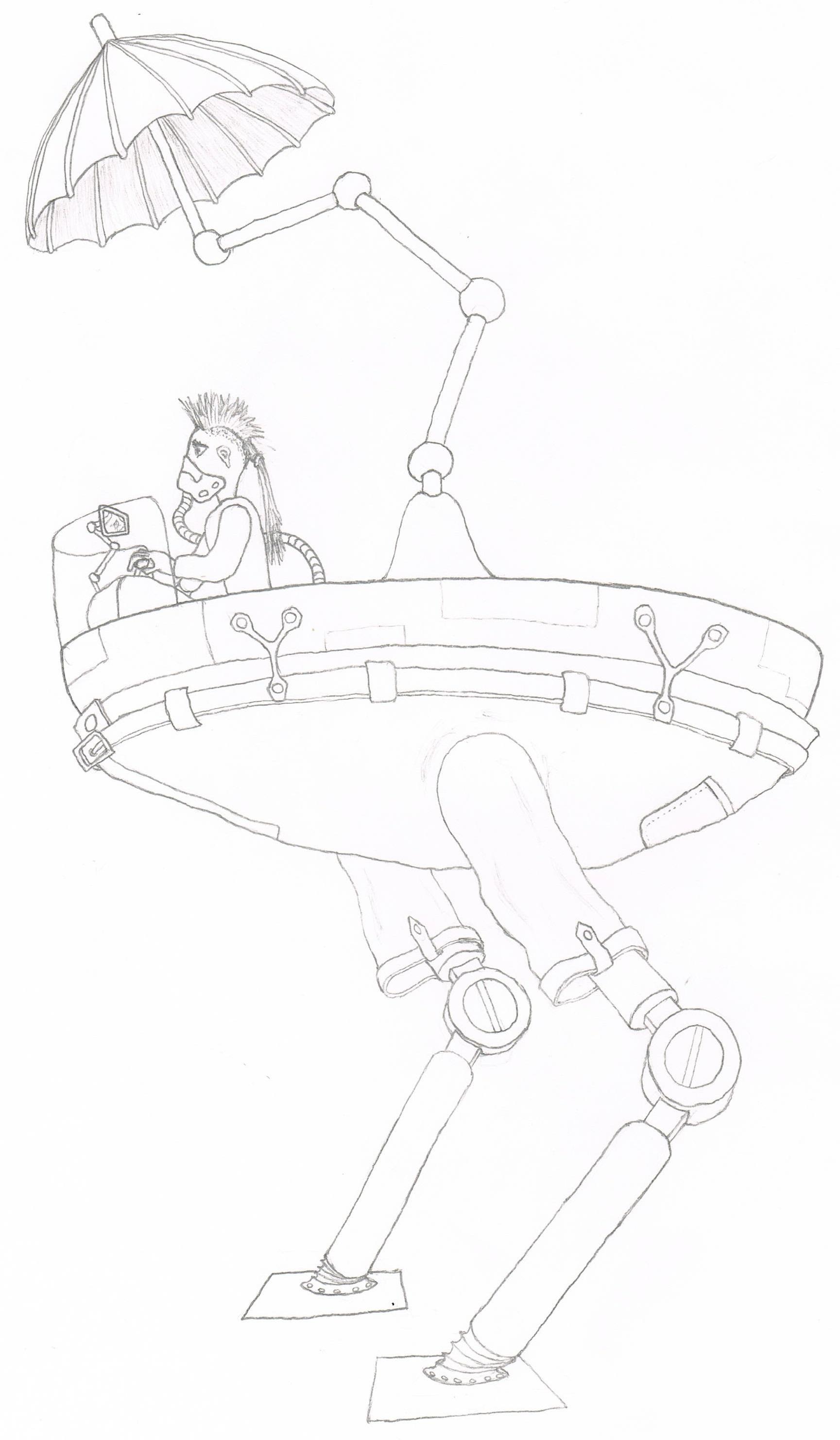 dessin au crayon d'un robot-walker avec un parapluie et une punk